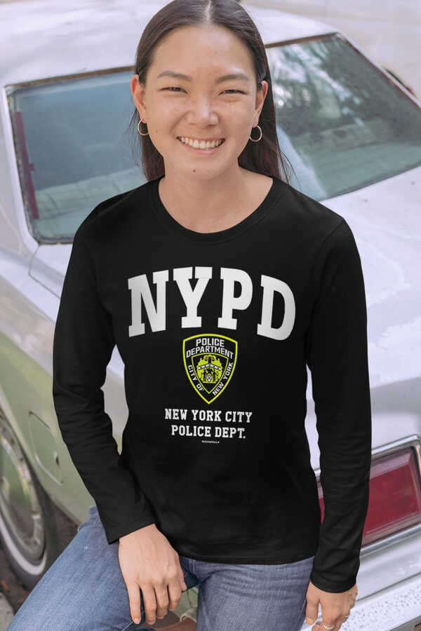 NYPD Siyah Bisiklet Yaka Uzun Kollu Penye Kadın T-shirt