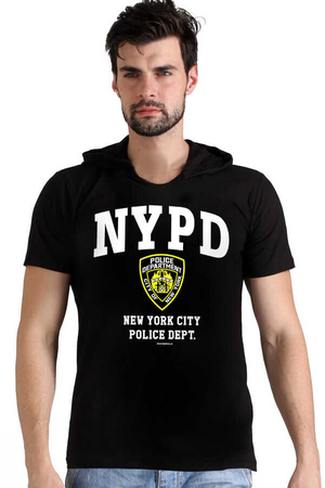 Rock & Roll - NYPD Siyah Kapşonlu Kısa Kollu Erkek T-shirt