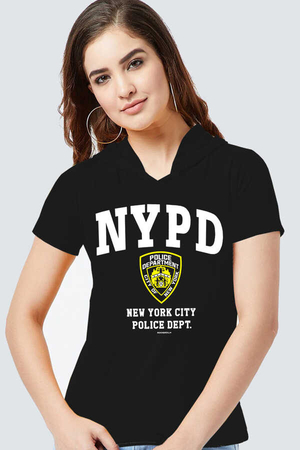 Rock & Roll - NYPD Siyah Kapşonlu Kısa Kollu Kadın T-shirt