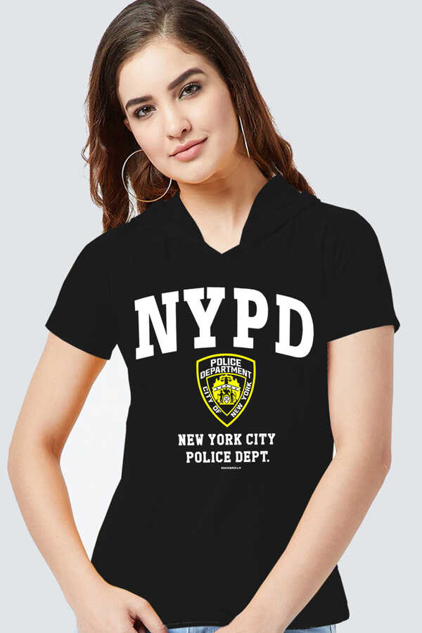 NYPD Siyah Kapşonlu Kısa Kollu Kadın T-shirt