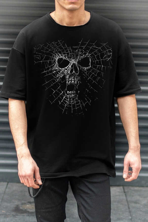 Örümcek Kurukafa Siyah Oversize Kısa Kollu Erkek T-shirt - Thumbnail