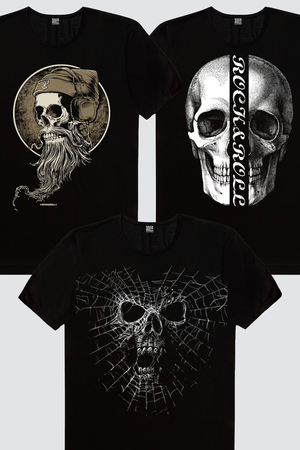 Rock & Roll - Örümcek Kurukafa, Yarım Kurukafa, Sakallı Kurukafa Erkek 3'lü Eko Paket T-shirt