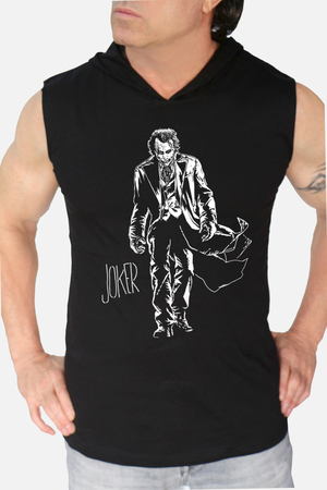 Paltolu Joker Siyah Kapşonlu, Kolsuz Erkek T-shirt - Thumbnail