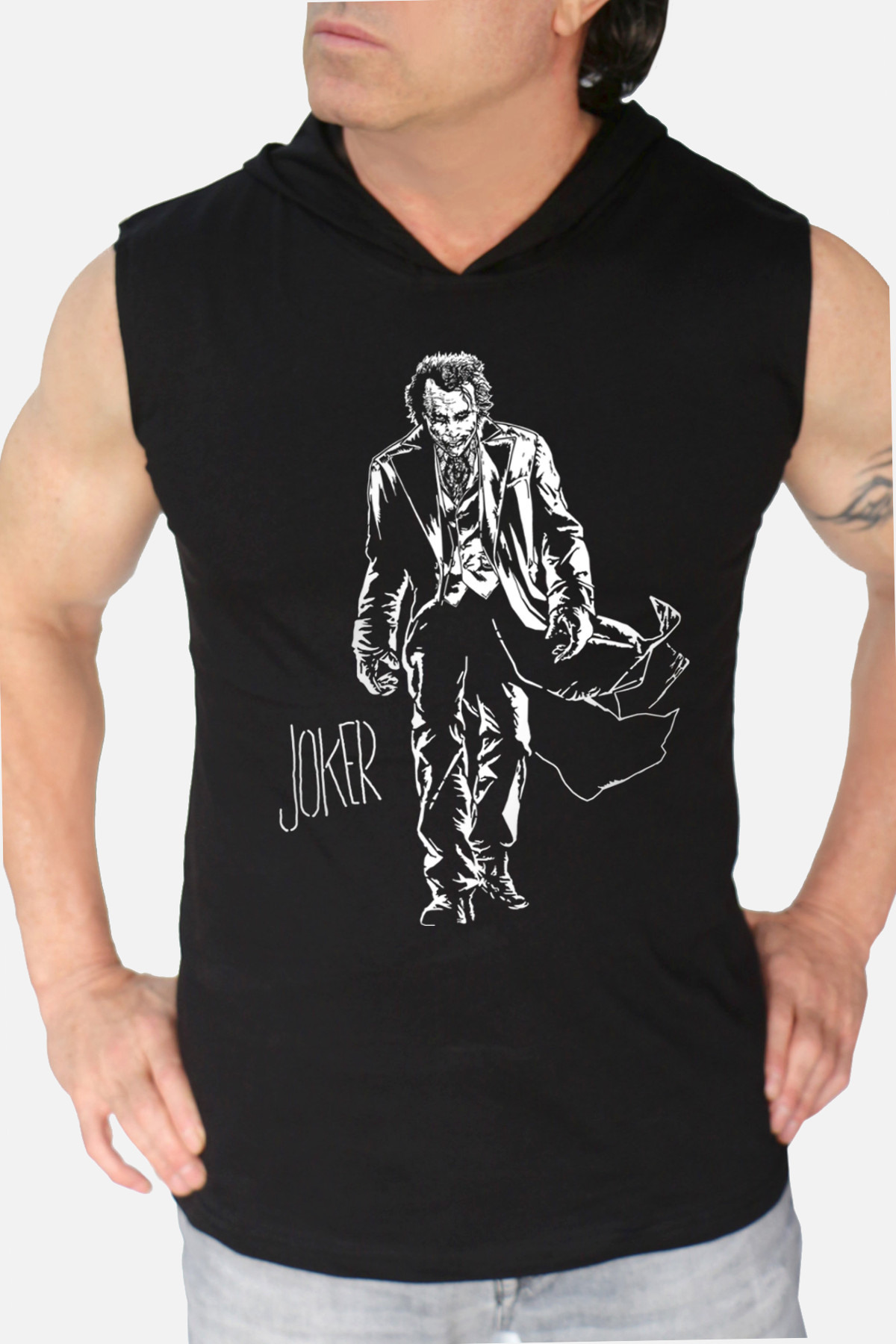 Paltolu Joker Siyah Kapşonlu, Kolsuz Erkek T-shirt