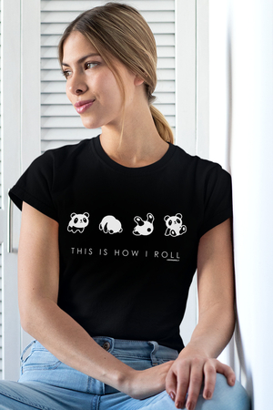 Panda Taklası Kısa Kollu Siyah Kadın T-shirt - Thumbnail