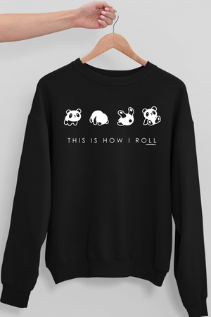 Panda Taklası Siyah Bisiklet Yaka Kalın Erkek Oversize Sweatshirt - Thumbnail
