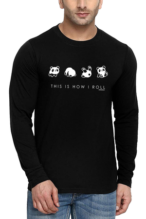 Panda Taklası Siyah Bisiklet Yaka Uzun Kollu Penye Erkek T-shirt - Thumbnail
