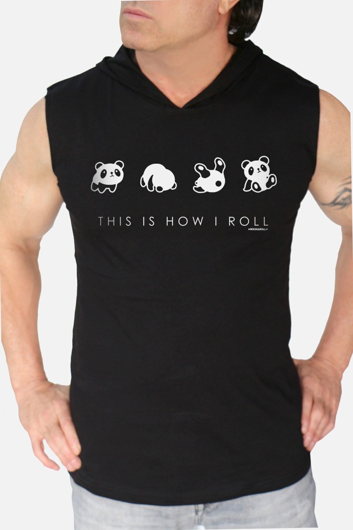 Panda Taklası Siyah Kapşonlu Kesik Kol | Kolsuz Erkek T-shirt | Atlet