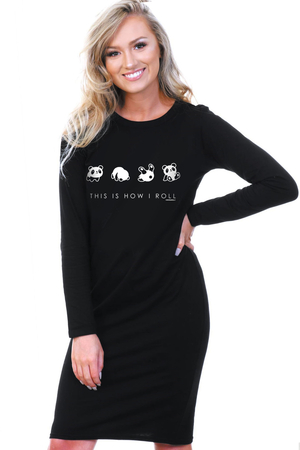  - Panda Taklası Uzun Kollu Kadın | Bayan Siyah Penye T-shirt Elbise