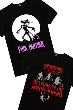 Rock & Roll - Pembe Kara, Bisikletli Stranger Things Siyah Kadın 2'li Eko Paket T-shirt