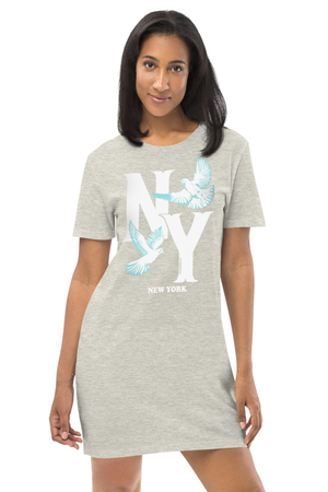 Ny Güvercinleri Açık Gri Kısa Kollu Penye Kadın T-shirt Elbise - Thumbnail