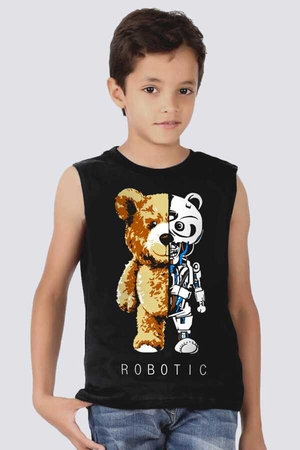 Rock & Roll - Robot Ayı Çocuk Kesik Kol | Kolsuz Siyah Çocuk Tişört | Atlet