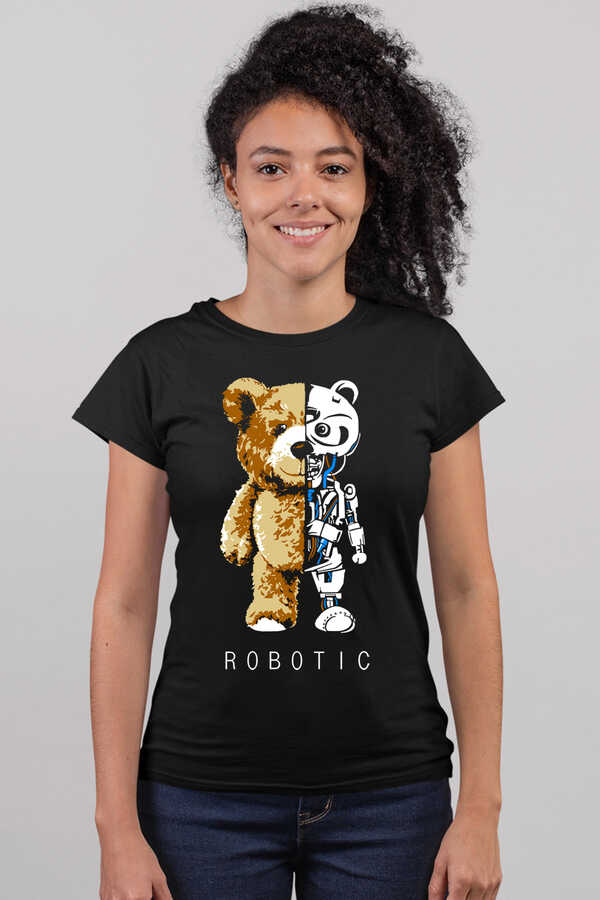 Robot Ayı Kısa Kollu Siyah Kadın T-shirt