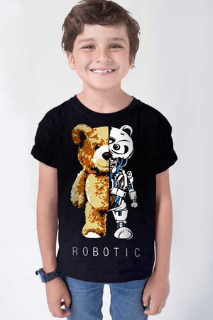 Robot Ayı Siyah Kısa Kollu Çocuk T-shirt - Thumbnail