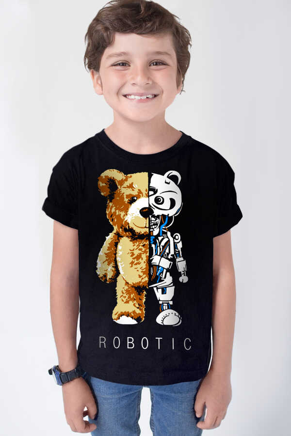 Robot Ayı Siyah Kısa Kollu Çocuk T-shirt
