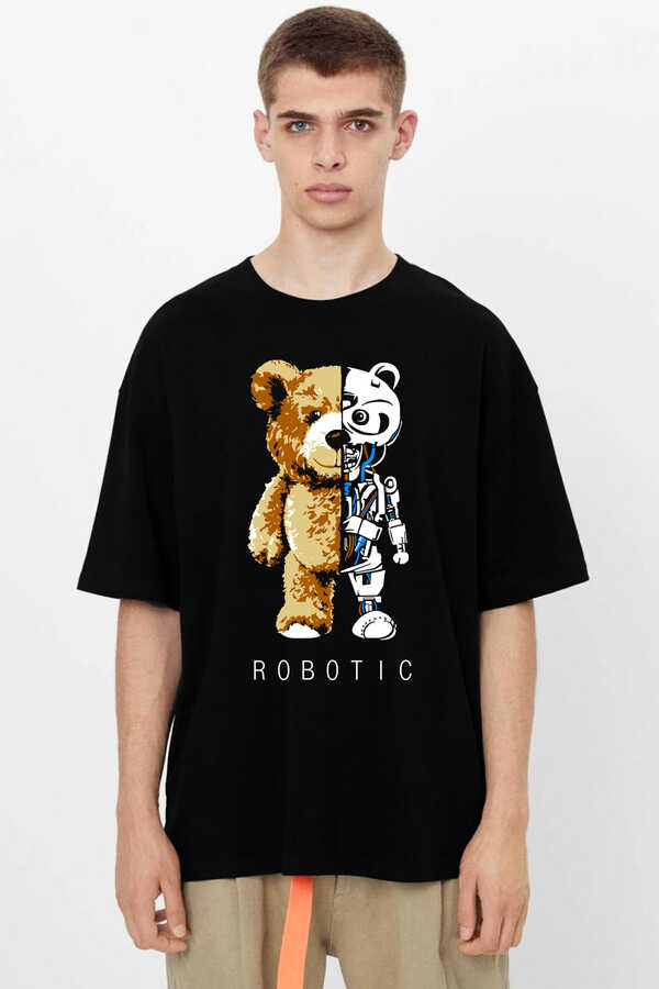 Robot Ayı Siyah Oversize Kısa Kollu Erkek T-shirt