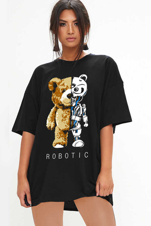  - Robot Ayı Siyah Oversize Kısa Kollu Kadın T-shirt