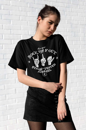 Rock Eller Kısa Kollu Siyah Kadın|Bayan Tişört - Thumbnail
