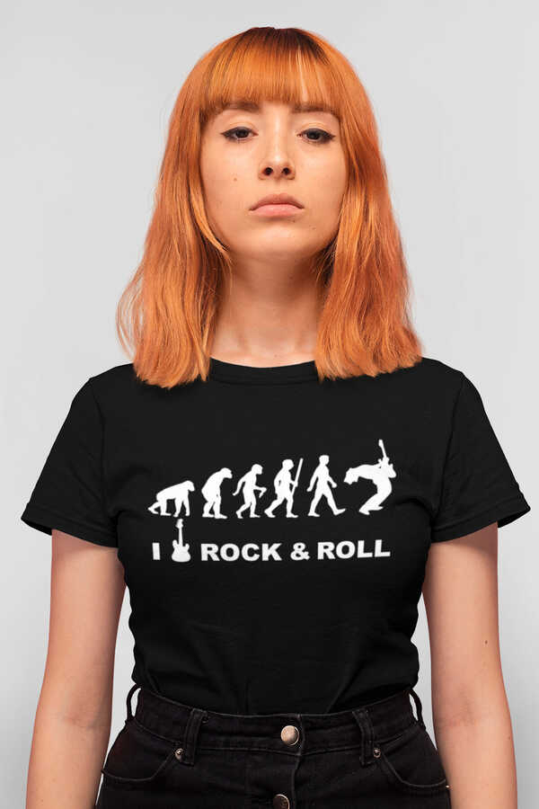 Rock Evrimi Kısa Kollu Siyah Kadın|Bayan Tişört