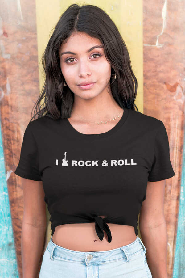 Rock&Roll Kesik Crop Top Bağlı Siyah Kadın | Bayan Tişört
