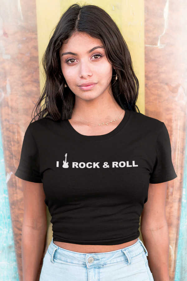 Rock&Roll Kısa, Kesik Crop Top Siyah Kadın | Bayan Tişört