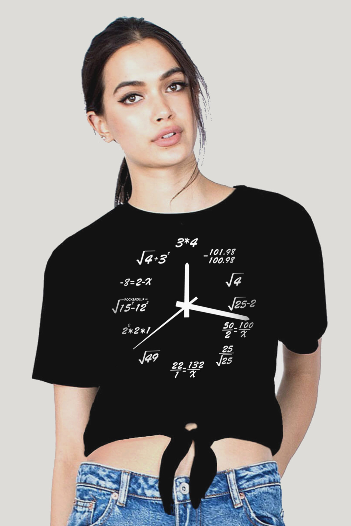 Saat Kaç Siyah Kısa, Kesik Bağlı Crop Top Kadın T-shirt