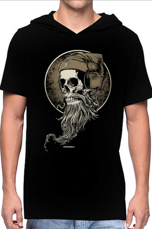 Rock & Roll - Sakallı Kurukafa Siyah Kapşonlu Kısa Kollu Erkek T-shirt
