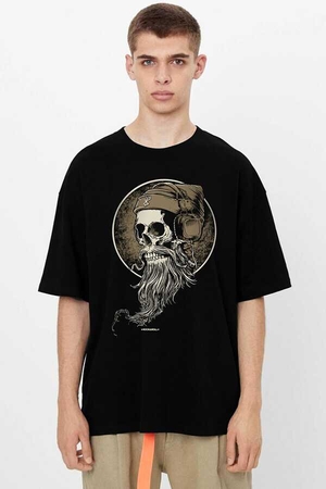 Sakallı Kurukafa Siyah Oversize Kısa Kollu Erkek T-shirt - Thumbnail