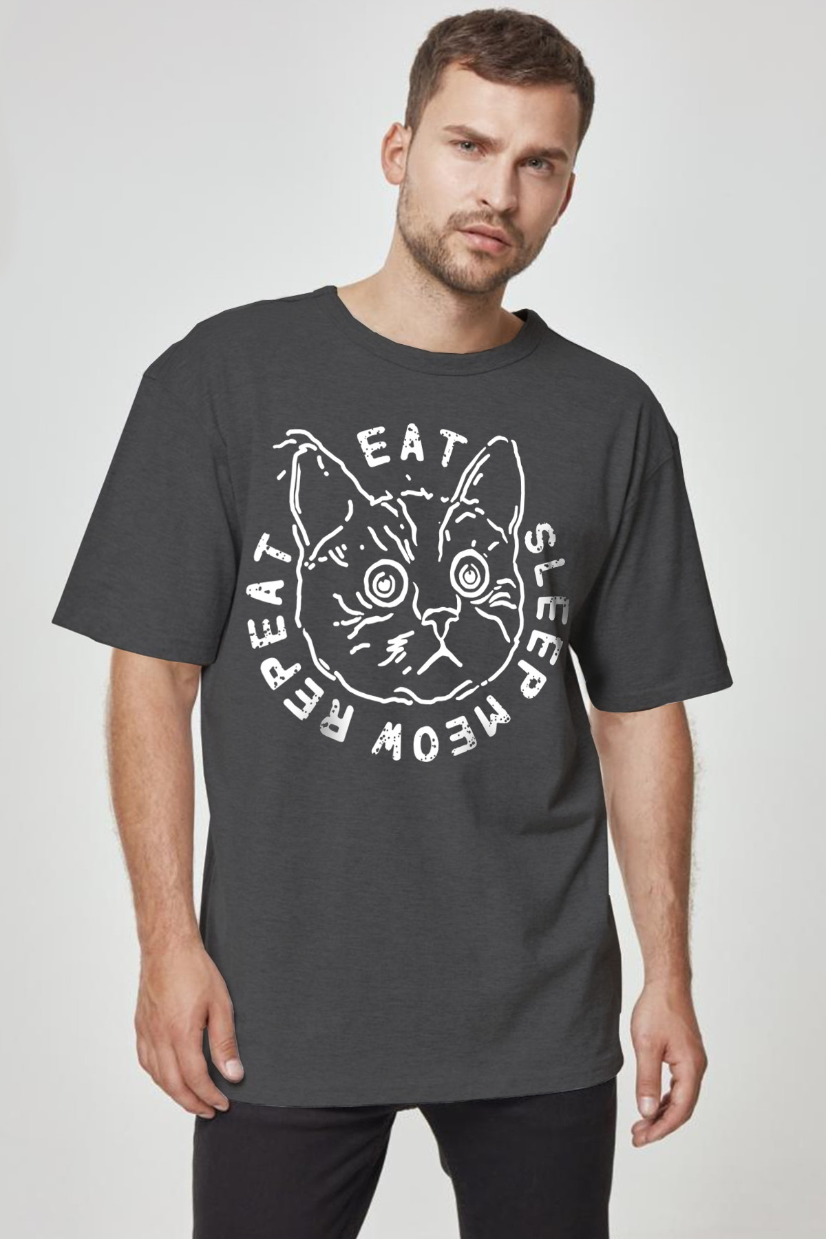 Şaşkın Kedi Antrasit Oversize Kısa Kollu Erkek T-shirt