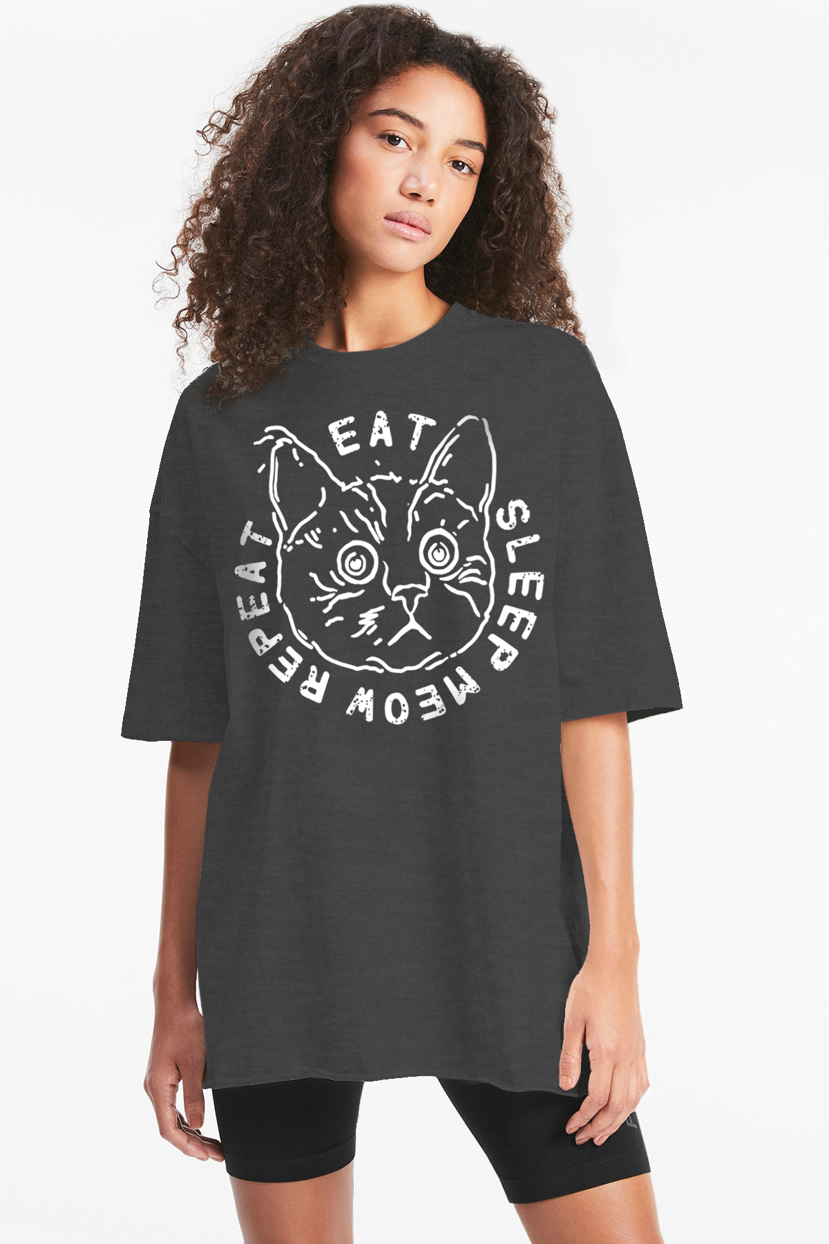 Şaşkın Kedi Antrasit Oversize Kısa Kollu Kadın T-shirt