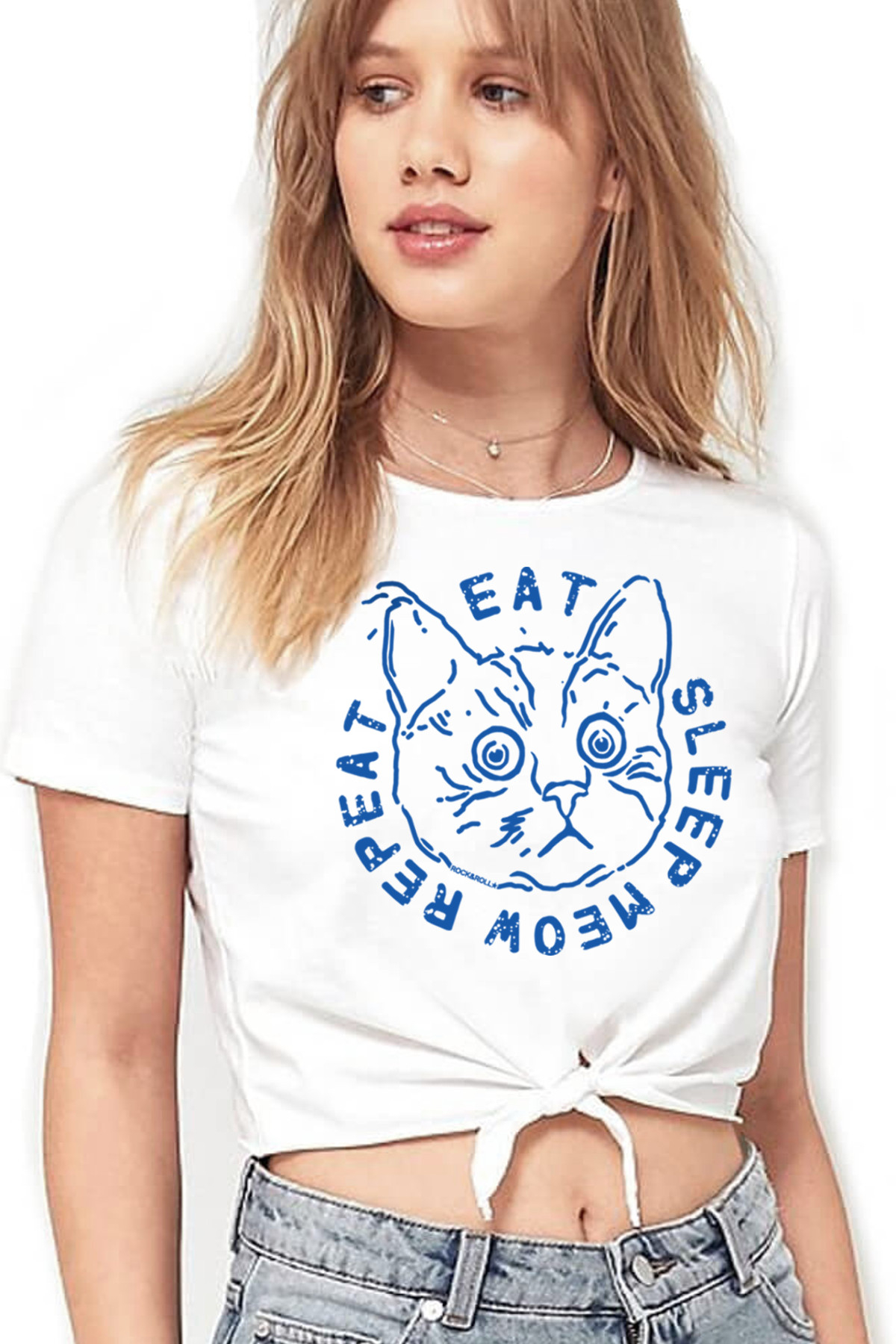 Şaşkın Kedi Beyaz Kısa, Kesik Bağlı Crop Top Kadın T-shirt