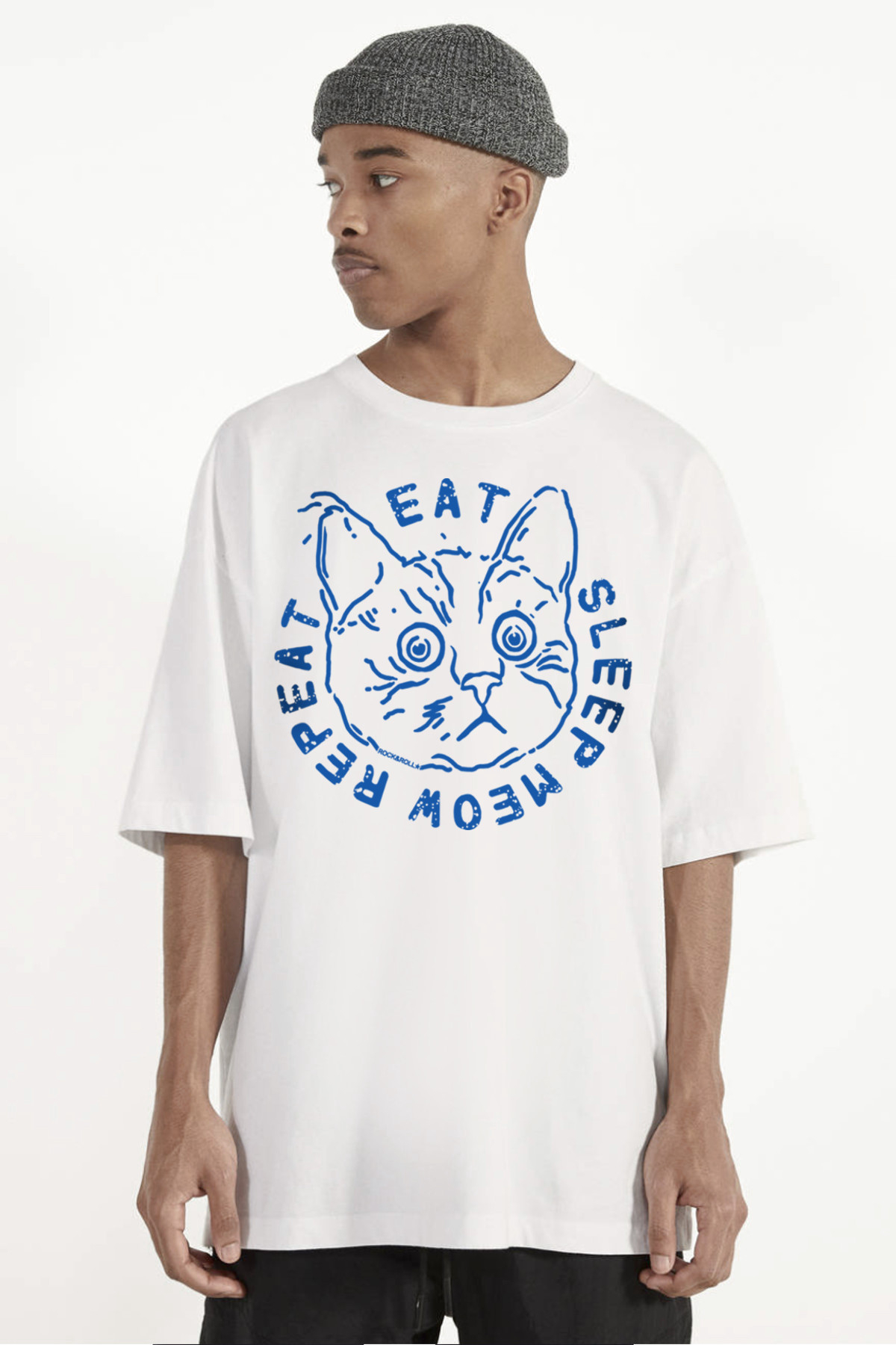 Şaşkın Kedi Beyaz Oversize Kısa Kollu Erkek T-shirt
