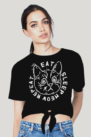 Şaşkın Kedi Siyah Kısa, Kesik Bağlı Crop Top Kadın T-shirt - Thumbnail