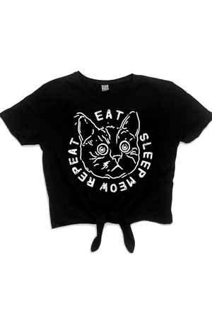Şaşkın Kedi Siyah Kısa, Kesik Bağlı Crop Top Kadın T-shirt - Thumbnail