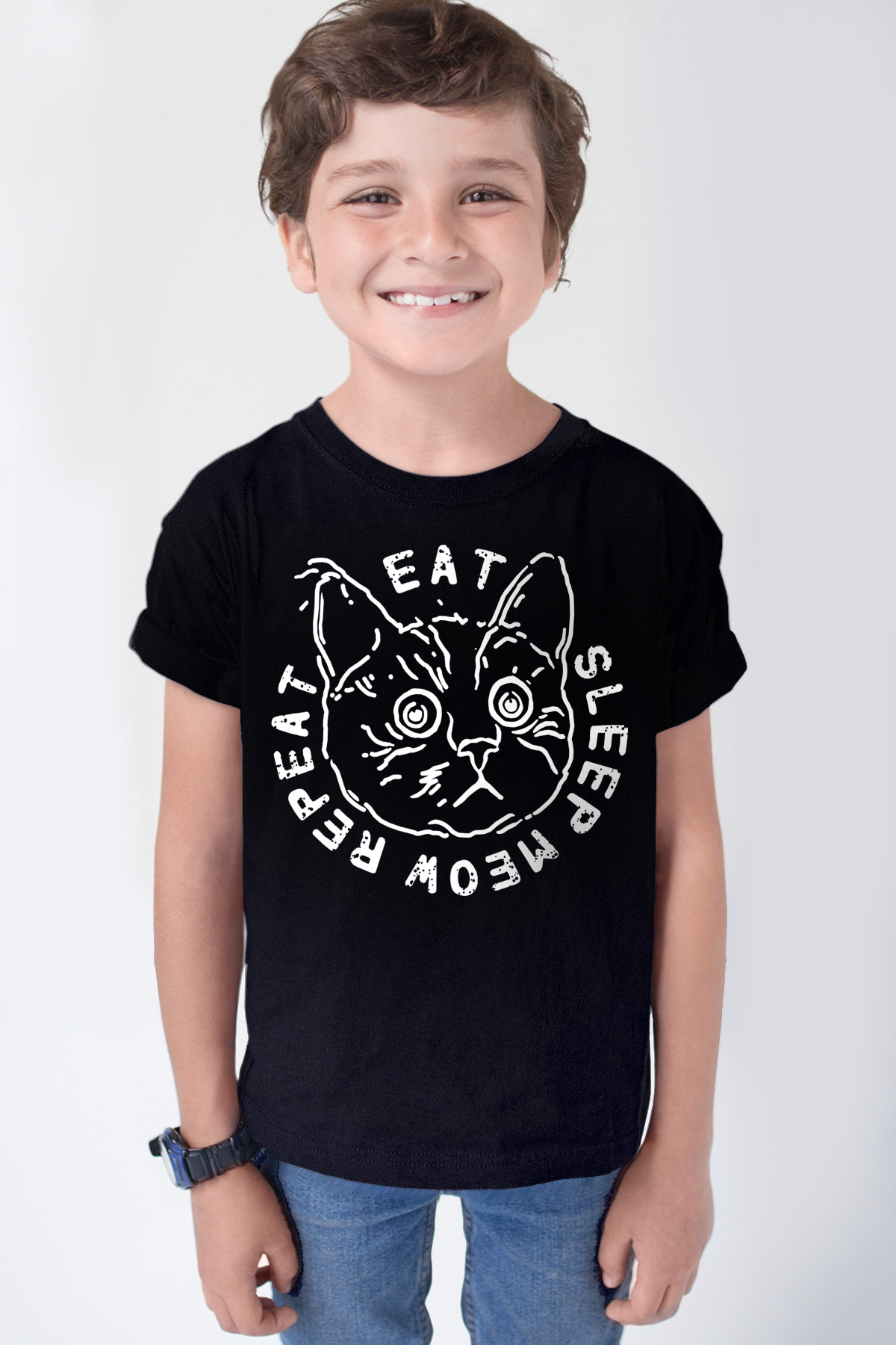 Şaşkın Kedi Siyah Kısa Kollu Erkek Çocuk T-shirt