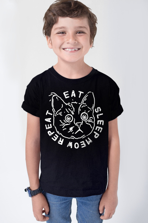 Şaşkın Kedi Siyah Kısa Kollu Çocuk T-shirt - Thumbnail