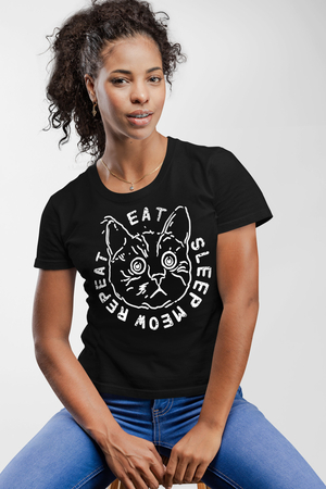 Şaşkın Kedi Siyah Kısa Kollu Kadın T-shirt - Thumbnail