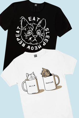 Rock & Roll - Şaşkın Kedi Siyah, Sütlü ve Sade Çocuk Tişört 2'li Eko Paket