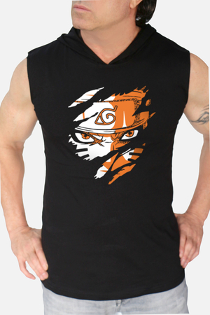 Sert Naruto Siyah Kapşonlu, Kolsuz Erkek T-shirt - Thumbnail