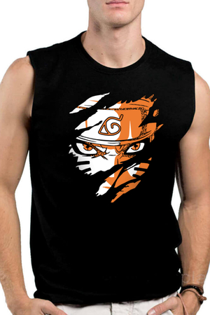 Sert Naruto Siyah Kesik Kol | Kolsuz Erkek T-shirt | Atlet - Thumbnail