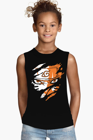 Sert Naruto Siyah Kesik Kol | Kolsuz Çocuk T-shirt | Atlet - Thumbnail