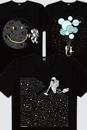 Rock & Roll - Balon Gezegeneler, Süpürgeli Astronot, Grafitici Astronot Kadın 3'lü Eko Paket T-shirt