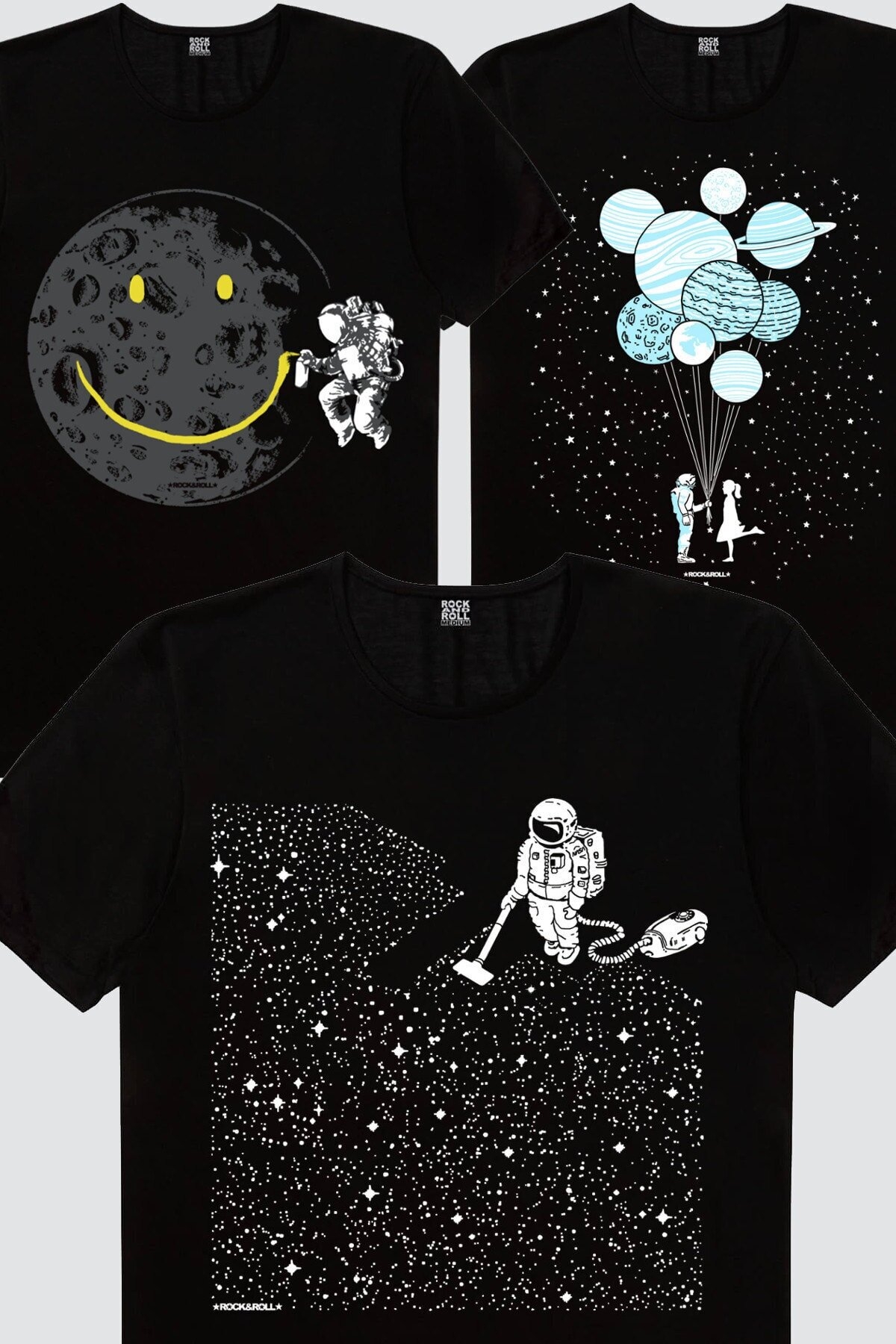 Siyah Balon Gezegeneler Süpürgeli Astronot Grafitici Astronot Kadın 3'lü Eko Paket T-shirt