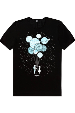 Siyah Balon Gezegeneler Süpürgeli Astronot Grafitici Astronot Kadın 3'lü Eko Paket T-shirt - Thumbnail