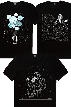  - Siyah Balon Gezegenler, Karlar Düşer, Süpürgeli Astronot Kadın 3'lü Eko Paket T-shirt