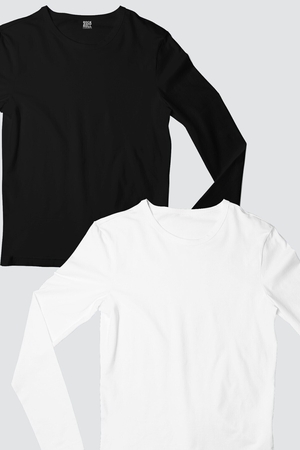 - Siyah, Beyaz Düz Uzun Kollu Erkek T-shirt 2'li Eko Paket