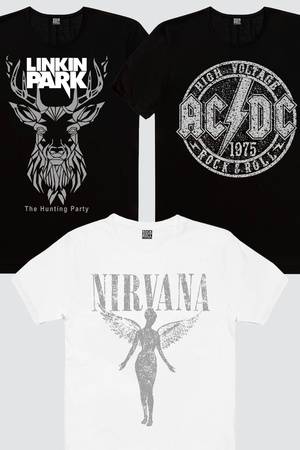 Rock & Roll - Dairede ACDC Siyah, Geometrik Geyik, Melek Nirvana Beyaz Kadın 3'lü Eko Paket T-shirt