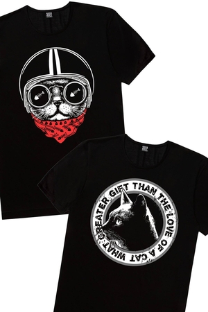  - Siyah Dairede Kedi Kafası, Kasklı Kedi Erkek 2'li Eko Paket T-shirt