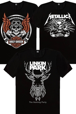 Rock & Roll - Geometrik Geyik, Metallica Kurukafa, Motorcu Kurukafa Kadın 3'lü Eko Paket T-shirt