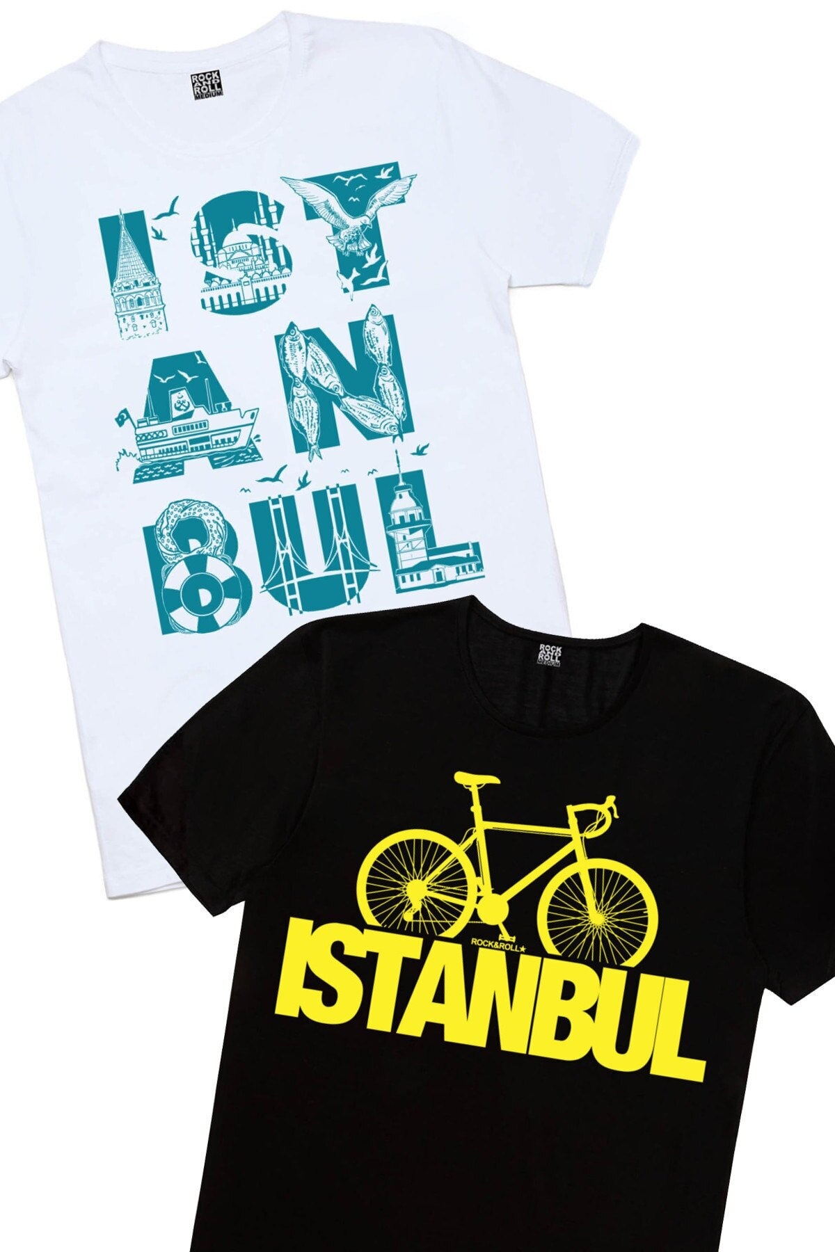 Istanbul Bisiklet Siyah, Istanbul Harfler Beyaz Erkek 2'li Eko Paket T-shirt